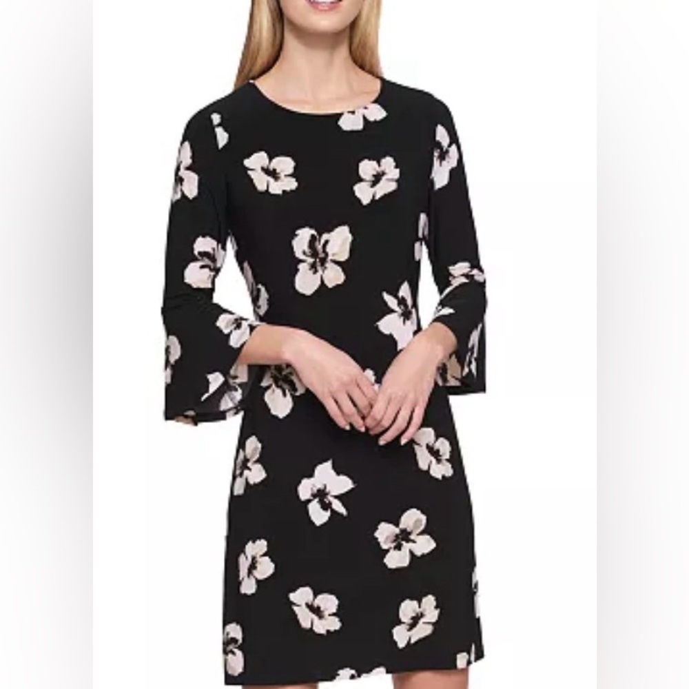 Tommy Hilfiger Black Pink Dogwood Floral Bell‎ Sleeve Sheath Dress Size 14